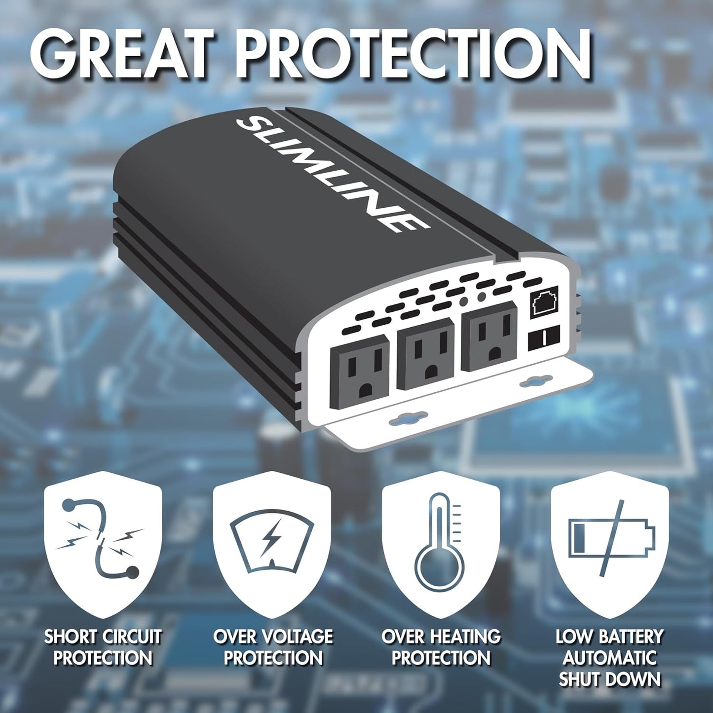 Wagan EL3724 2000W Slim Line AC to DC Power Inverter 2000W TrueRated Continuous 4500W Surge Power DC 12V to AC 110V Power Inverter with 3 AC Outlets and 2A USB Charging Port