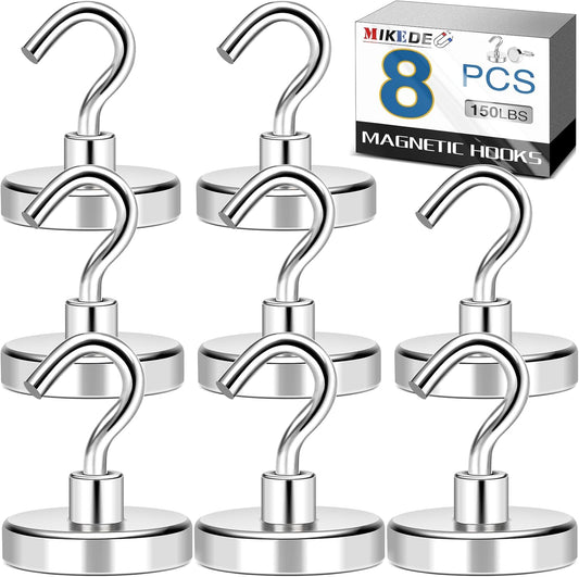 MIKEDE Magnetic Hooks Heavy Duty, 150LB+ Strong Neodymium Magnets for Refrigerator, Large Magnetic Hooks for Hanging, Magnets with Hooks Cruise Ship Essentials for Kitchen, Workplace - 8 Pack