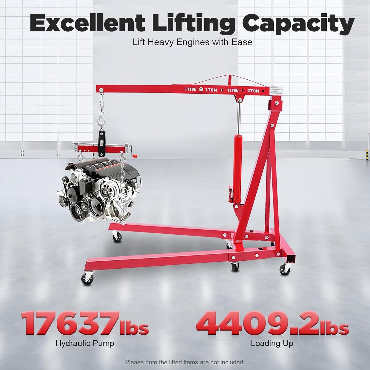 LOYALHEARTDY Engine Hoist with Lever, 2 Ton 4400 LBS Folding Cherry Picker Shop Crane Hoist Lift, Heavy Duty Hydraulic Engine Crane with 6 Casters, Engine Lift Hoist Lever for Engine Lifting Loading