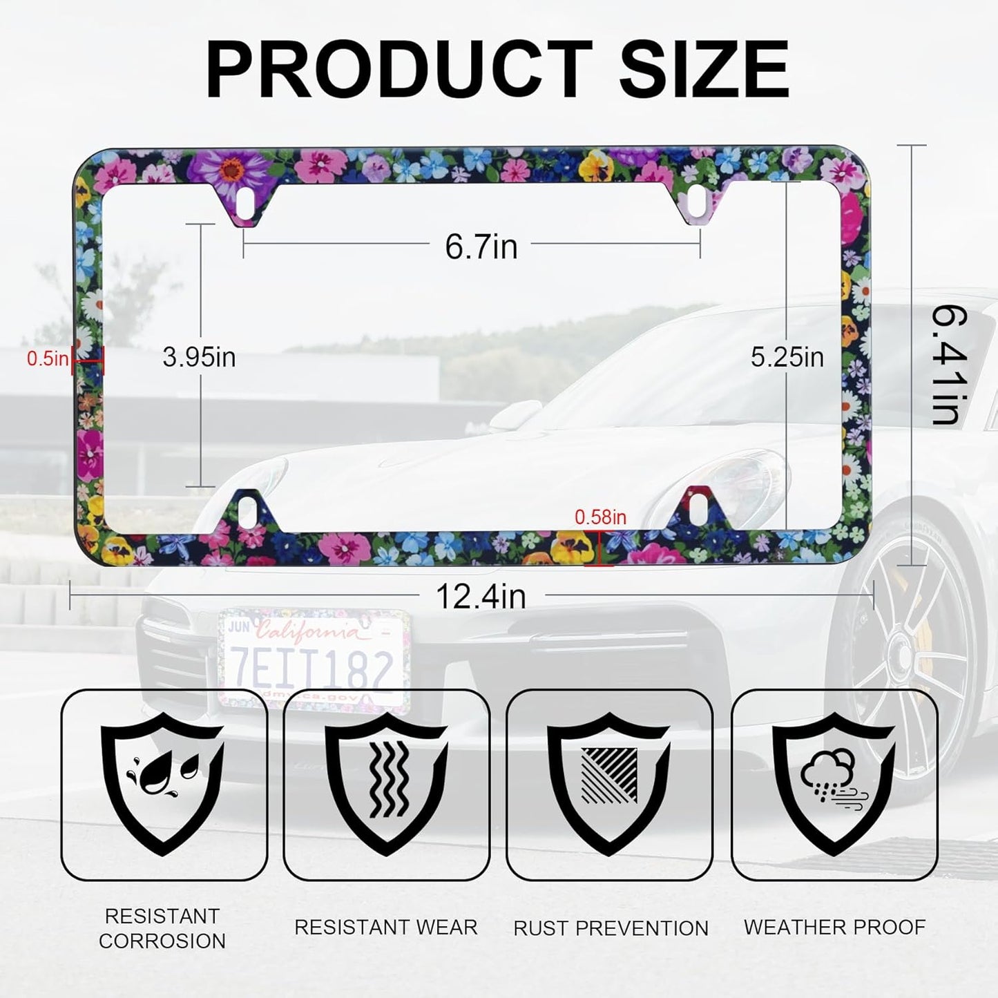 LivTee Flower Floral License Plate Frames, 4 Holes Stainless Steel License Plate Covers, 2PCS Car License Plate Holder, Automotive Exterior Accessories