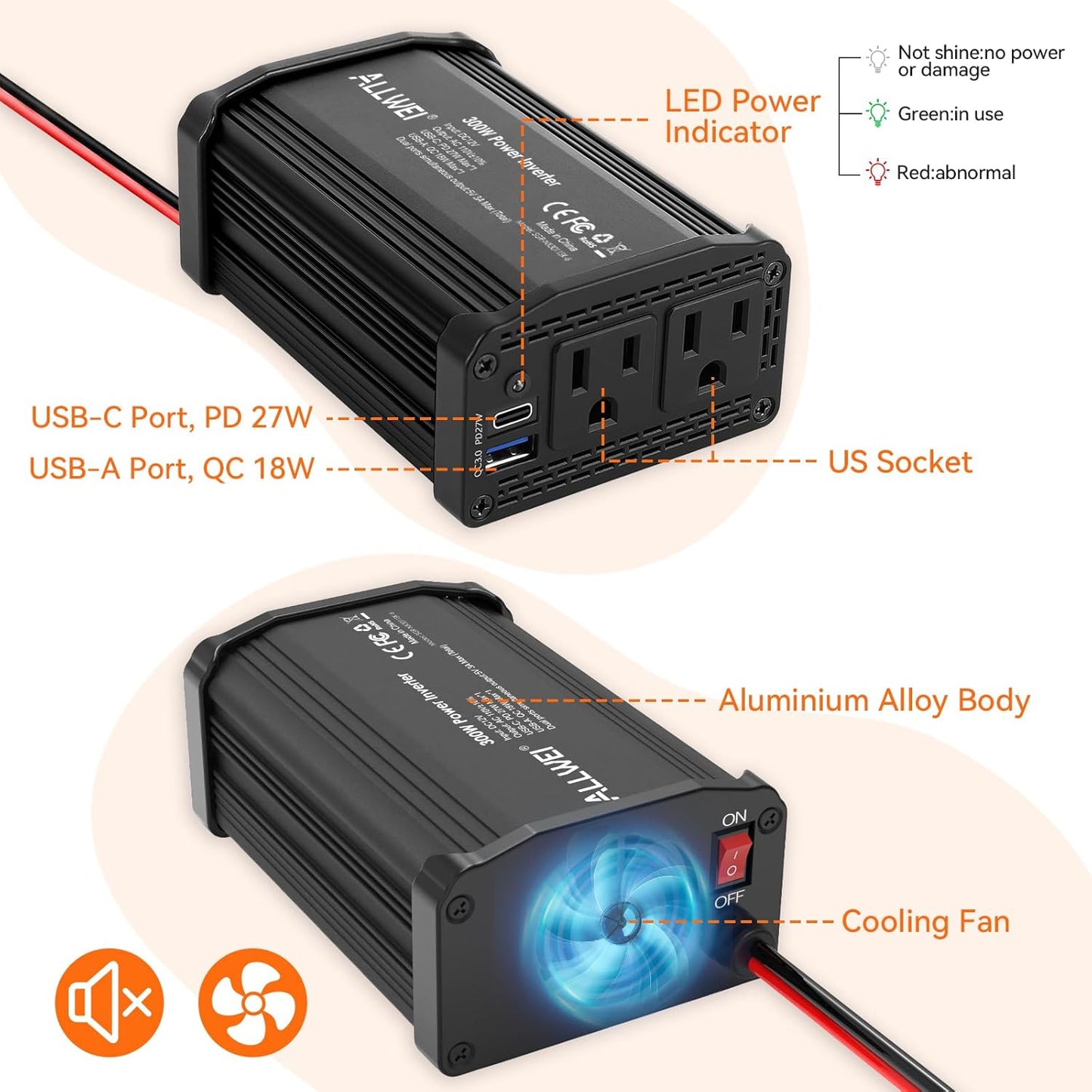 300W Car Power Inverter 12v to 110v, Car Plug in Adapter Outlet with PD 27w USB-C and Fast Charger 18w USB-A, Car Outlet Adapter, Car Converter to Outlet Plug, Power Inverters for Vehicles (Black)
