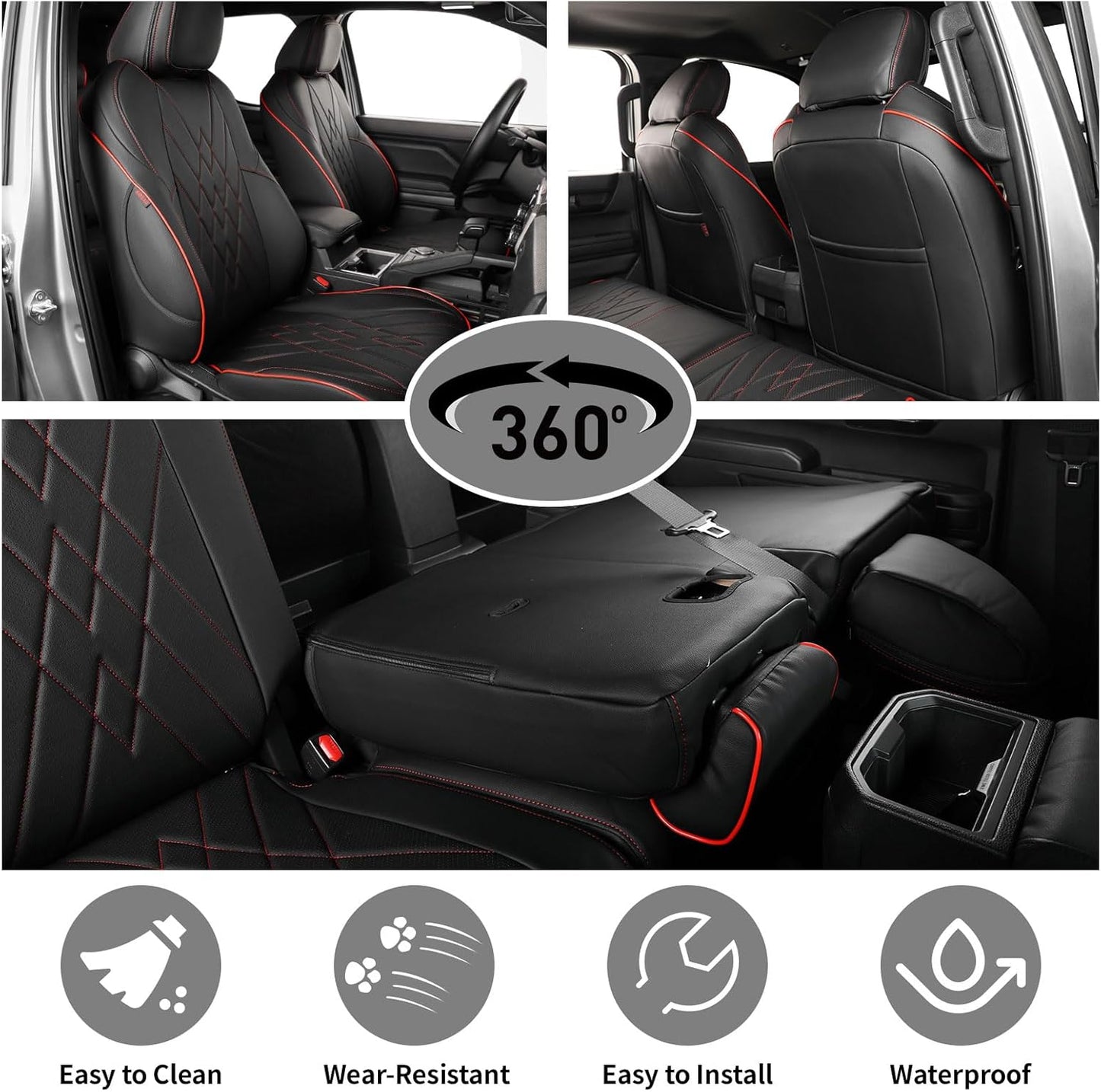 EKR Tacoma Car Seat Covers Custom for Select Toyota Tacoma (Only for Hybrid) 2024 2025 Double cab TRD Sport,TRD Off-Road,Limited,Trailhunter - Full Set,Leather(Black with Red Trim)