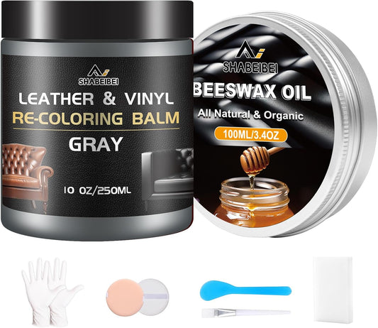 Leather Repair Kit Recoloring Balm Cleaner Conditioner Waterproof Beeswax Oil for Car Seat Furniture Couch Shoe Leather Vinyl(Gray)
