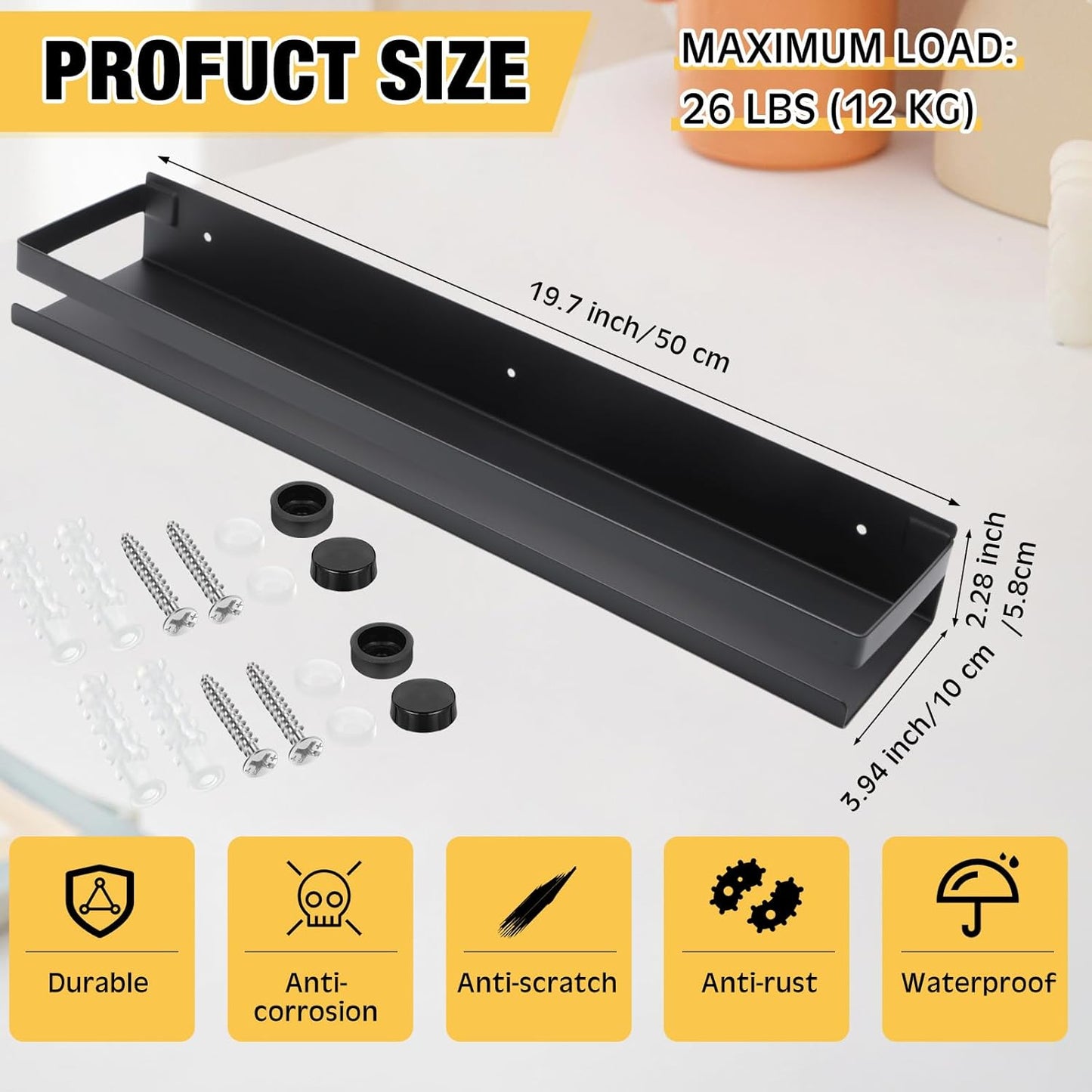 Lallisa 2 Pieces Stainless Steel Shelf Bathroom Shower Floating Shelves Wall Mounted Shower Caddy Basket Shelf Storage Organizer Shelves for Bathroom, Kitchen, Living Room(19.69 Inches/ 50 cm,Black)