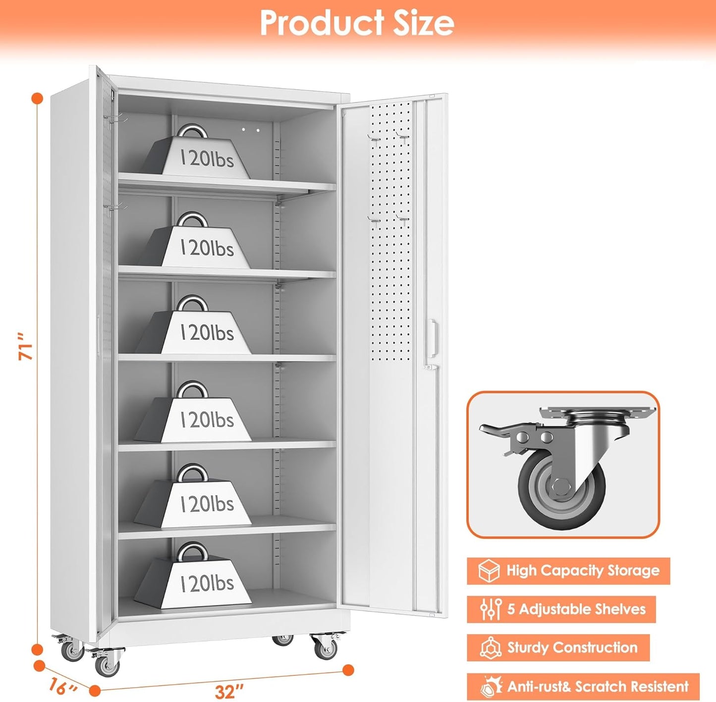 71" H×32" W×16" D Garage Storage Cabinet with Wheels, Locking Metal Storage Cabinet with 5 Adjustable Shelves, 4 Hooks and Pegboard for Garage, Home Office, Kitchen, Assembly Required, White