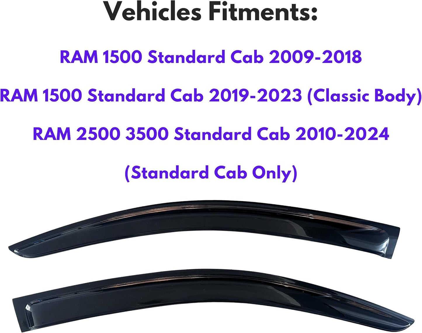KPY Window Visor Compatible with 2009-2018, 2019-2023 RAM 1500 (Classic Body), RAM 2500 3500 2010-2024 - 2PC Rain Guard Vent Deflector Tape-On Style (Standard/Regular Cab Only)
