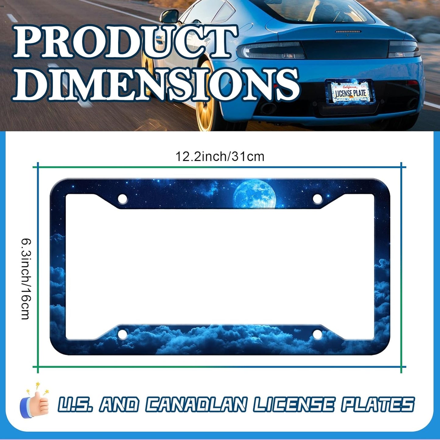 Moon Galaxy Starry Sky License Plate Frames - 2 Pack Night Sky License Plate Holder,Stainless Steel Rust-Proof Waterproof Car Decorative Tag Frame with Screws Fasteners Caps