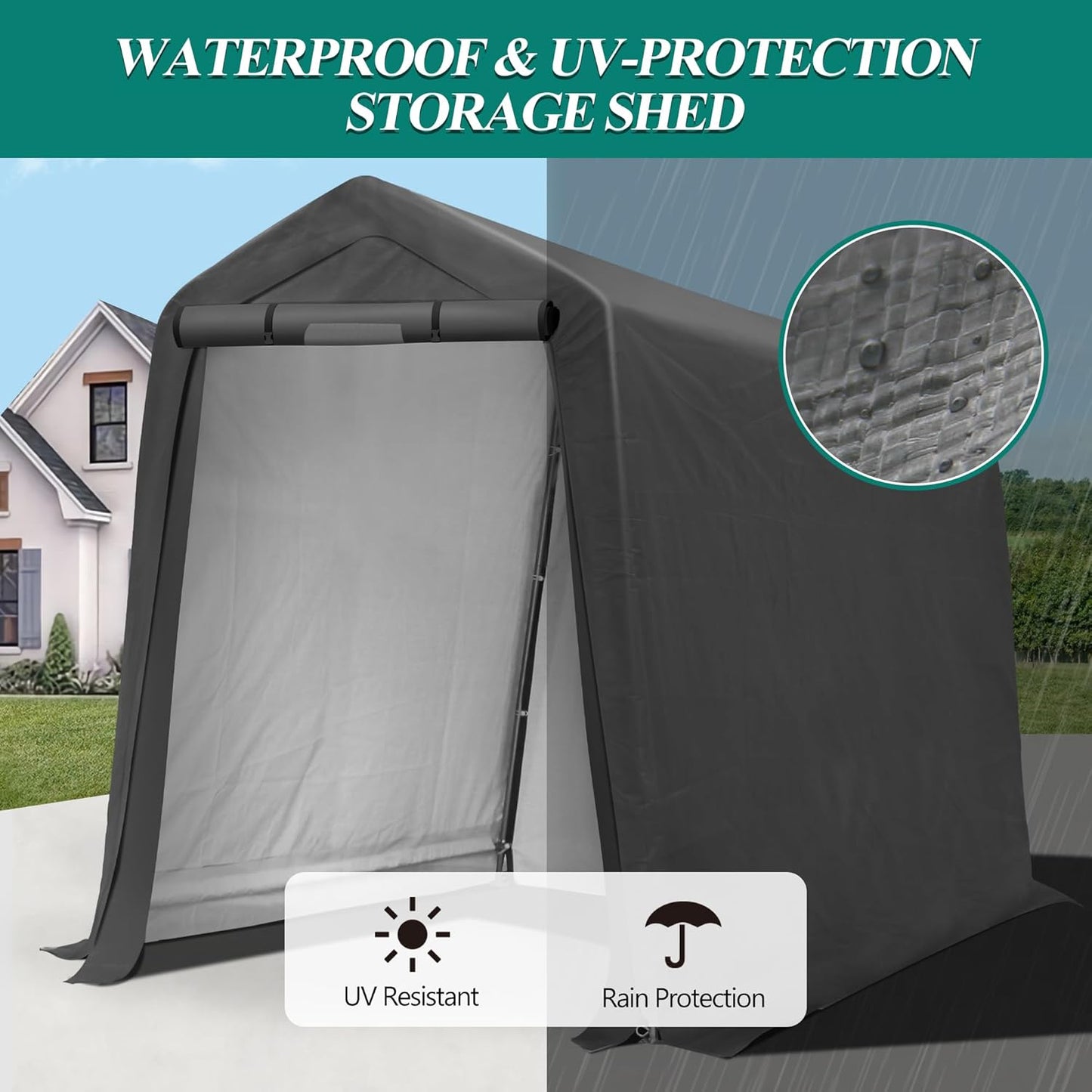 6' x 7' Outdoor Storage Shelter Shed- Heavy Duty Storage Tent with Roll-up Ventilated Windows, Portable Garage Storage shed for Bike, ATV, Motorcycle Shelter, Gray