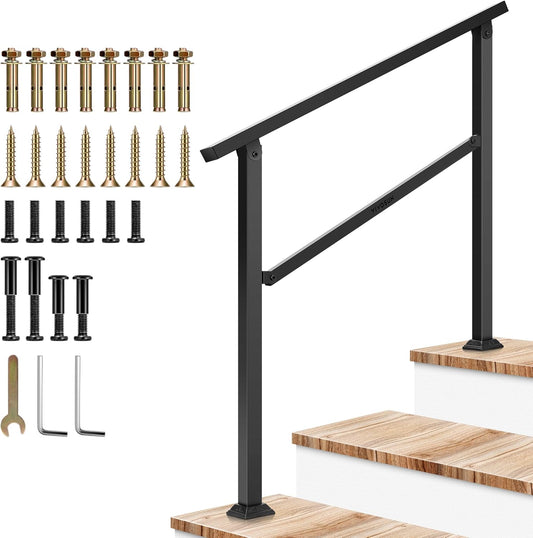 VIVOSUN Outdoor Handrail, 3 Step Stair Handrail, 40" x 36" Fits 1 to 3 Steps, Wrought Mattle Iron Handrail for Concrete Steps, Porch Steps, One-Step Assembly, Black