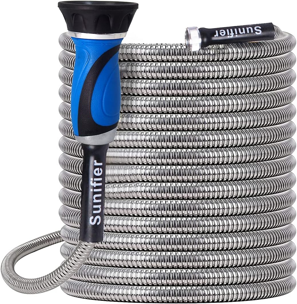 Metal Garden Hose 100 Ft Flexible Stainless Steel Garden Hose 100 Foot Heavy Duty Water Hose With High Pressure Hose Nozzle Sprayer for Garden, Lawn(100 Feet)