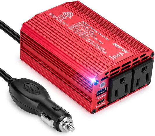 BESTEK 300W Power Inverter - DC 12V to 110V AC Converter, Fast Car Charger Adapter with 30W USB-C/18W Quick Charge/Dual 110V AC Car Plug Outlet for Laptop
