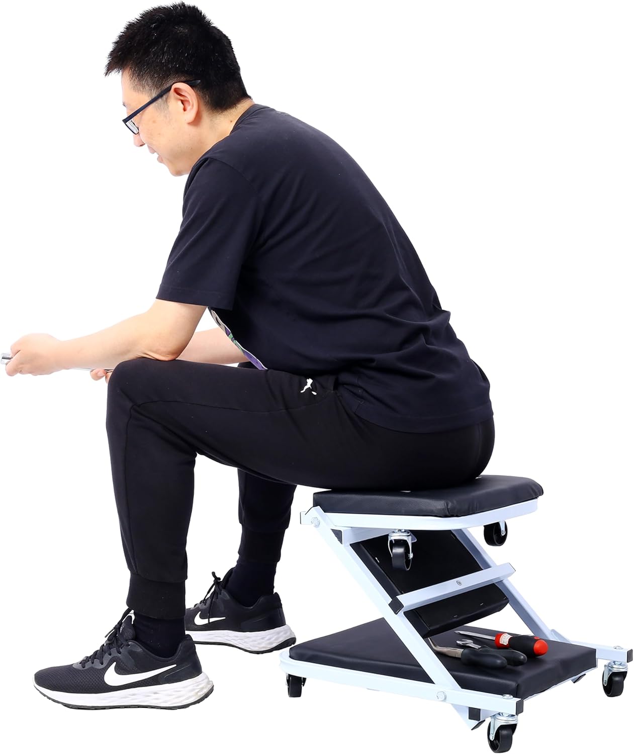 Mechanic Creeper and Stool, 36" Z Creeper Seat, 2-in-1 Garage Tool, 300 lbs Capacity, Low Profile with 6 Wheels (White)