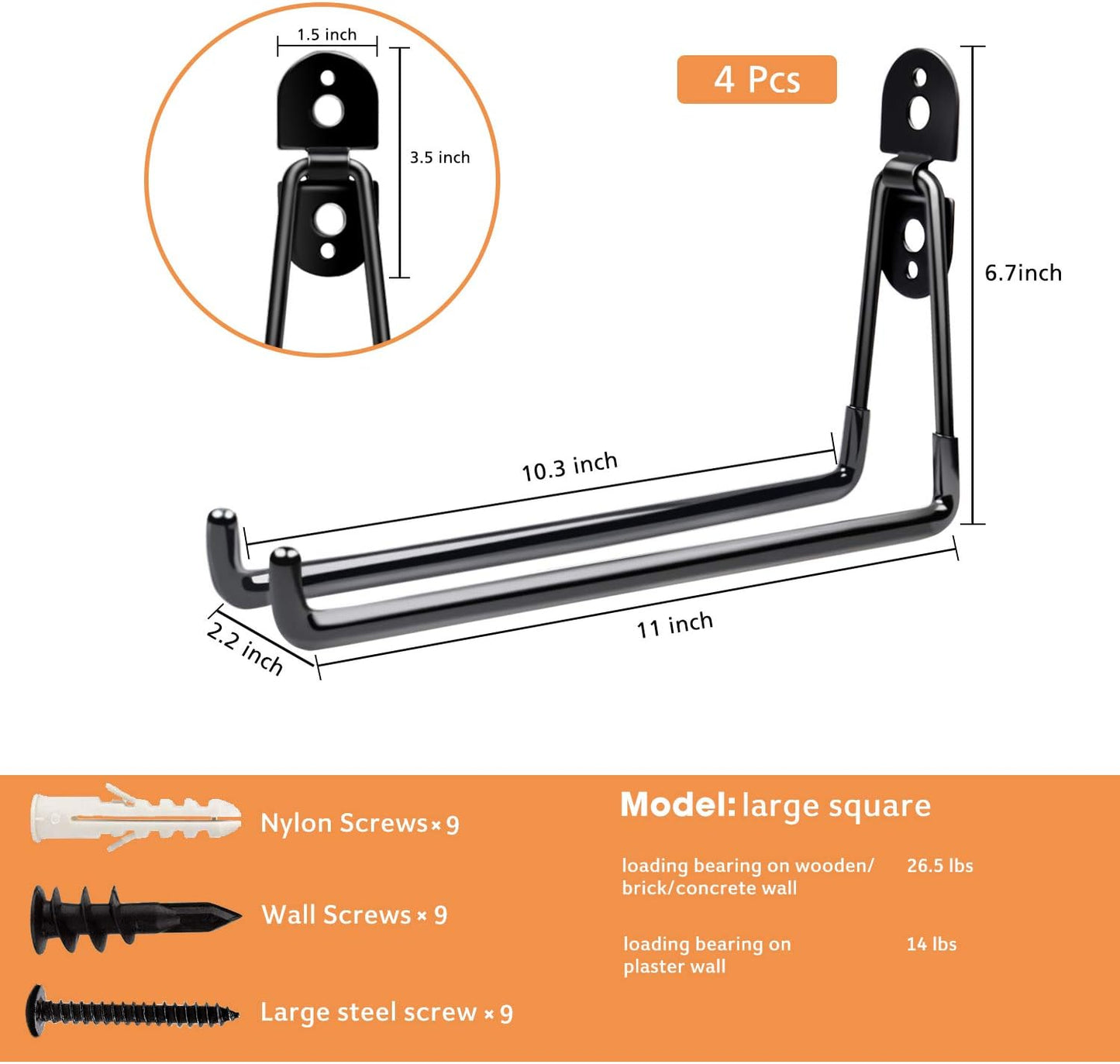 Garage Hooks Heavy Duty - 11 Inch Large Wall Mount Storage Hanger, 4 Pack Long Hook Garage Organizer for Hanging Tool, Chairs, Hoses, Ladder, Bulk Items, Ropes, etc.