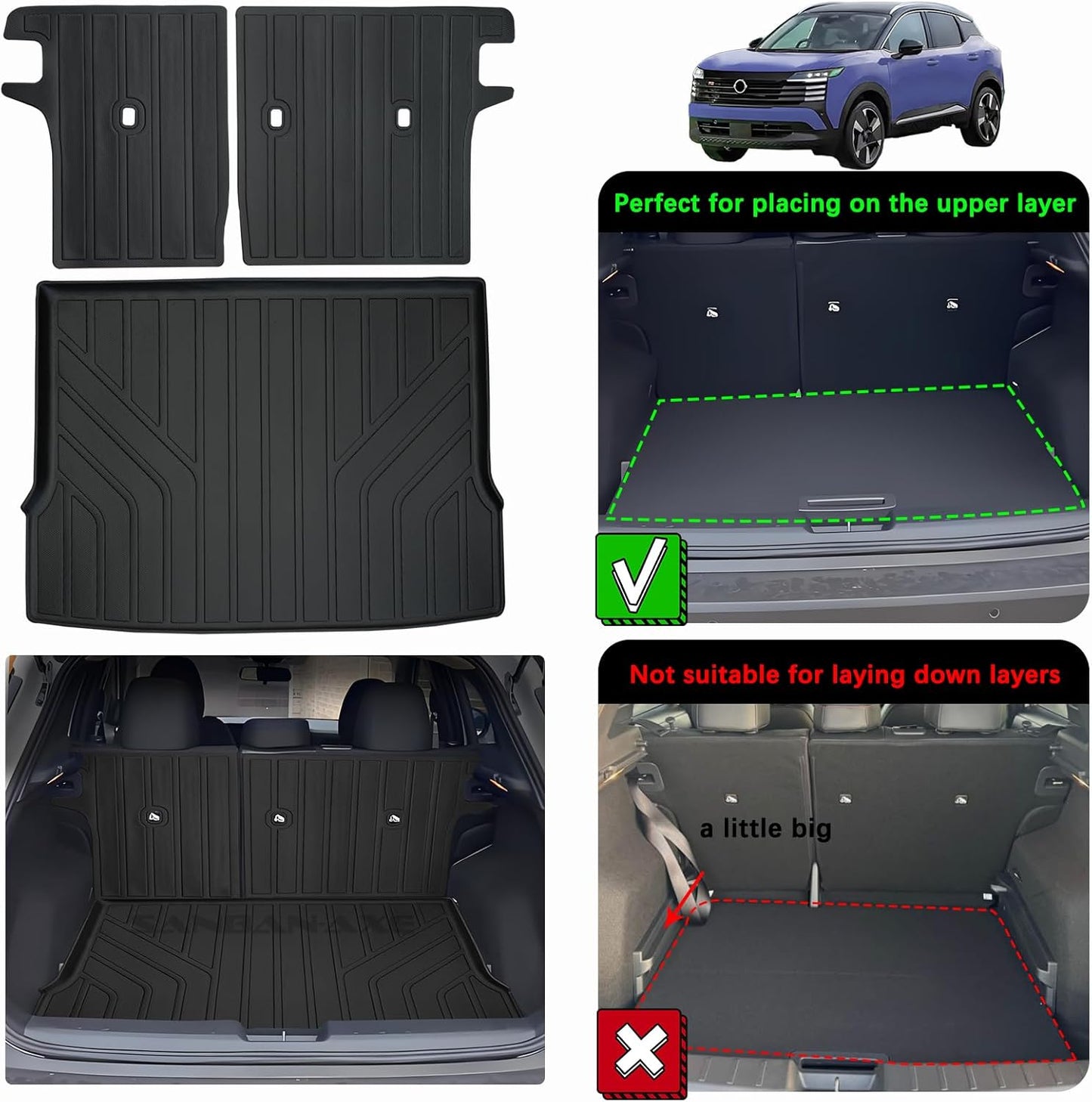 Trunk Mat & Backrest Mat for 2025 Nissan Kicks TPE All Weather Protection Cargo Liner with Velcro Rear Seats Backrest (Only Suitable Upper Layer)