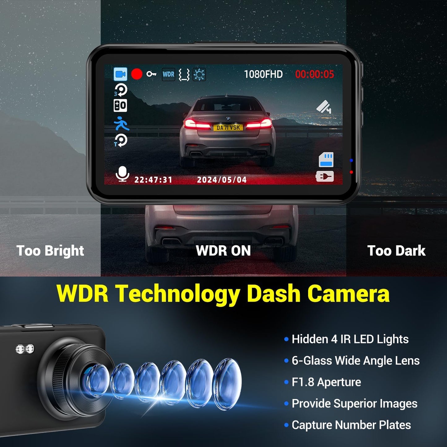 Dash Cam, Dash Camera for Cars 1080P FHD Dashcam DVR Car Camera Dash Cam Front W/ 32GB Card,Night Vision,170°Wide Angle 3”IPS Screen Dash Camera Loop Recording G-Sensor Motion Detection Parking Mode