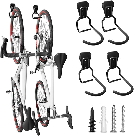 Wall Mount Bike Hooks Bike Hooks for Garage Vertical Bike Hanger for Indoor Use Heavy Duty with 8mm Thick Steel Frame 4PCS Storage System Black