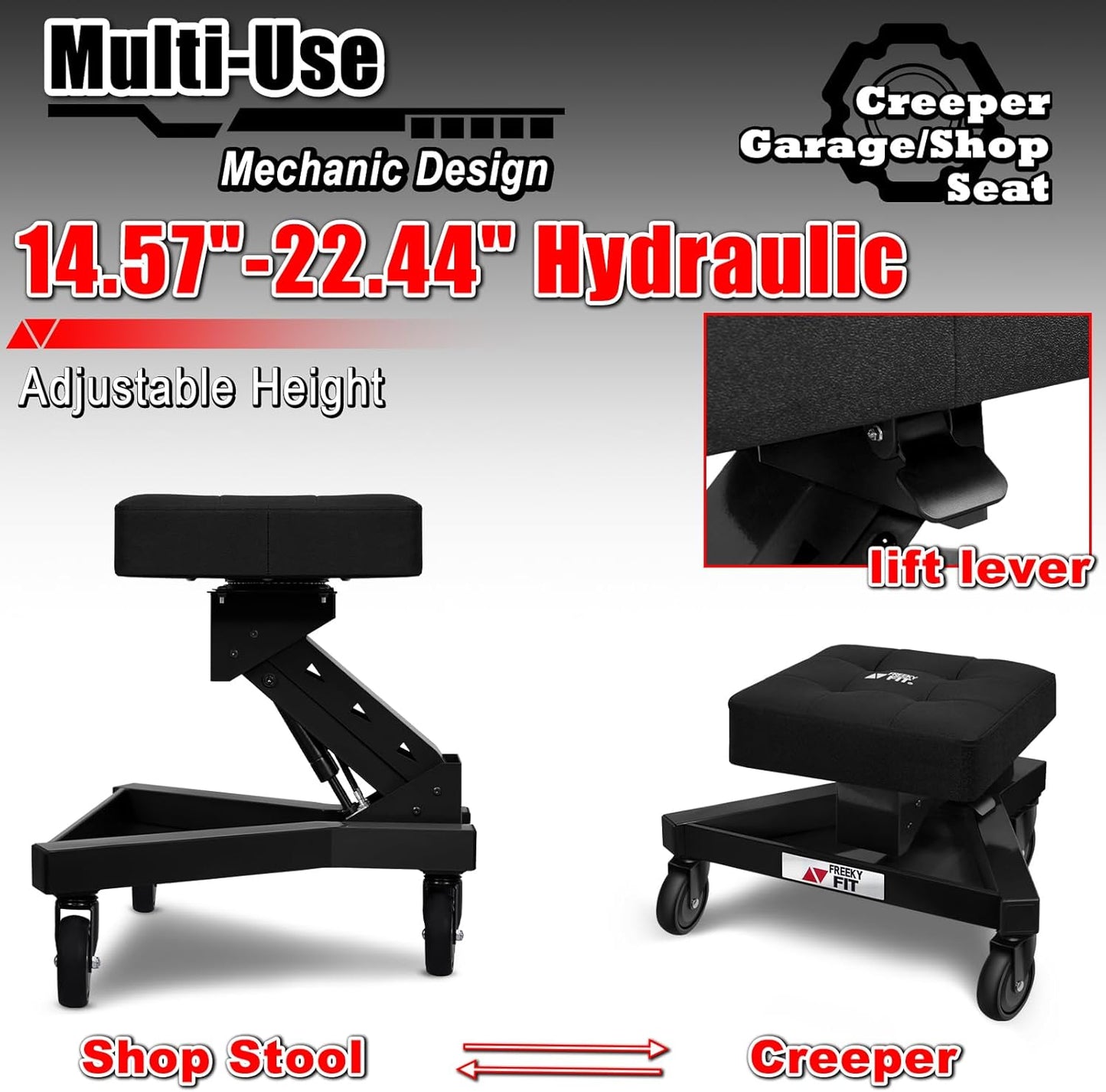 Mechanic Stool with Wheels, Hydraulic Adjustable Shop Stool on Wheels, Garage Work Rolling Chair for Workshop, 400 LBS Capacity, 4 Inch Casters, 360° Swivel Casters Roller Chair, Black