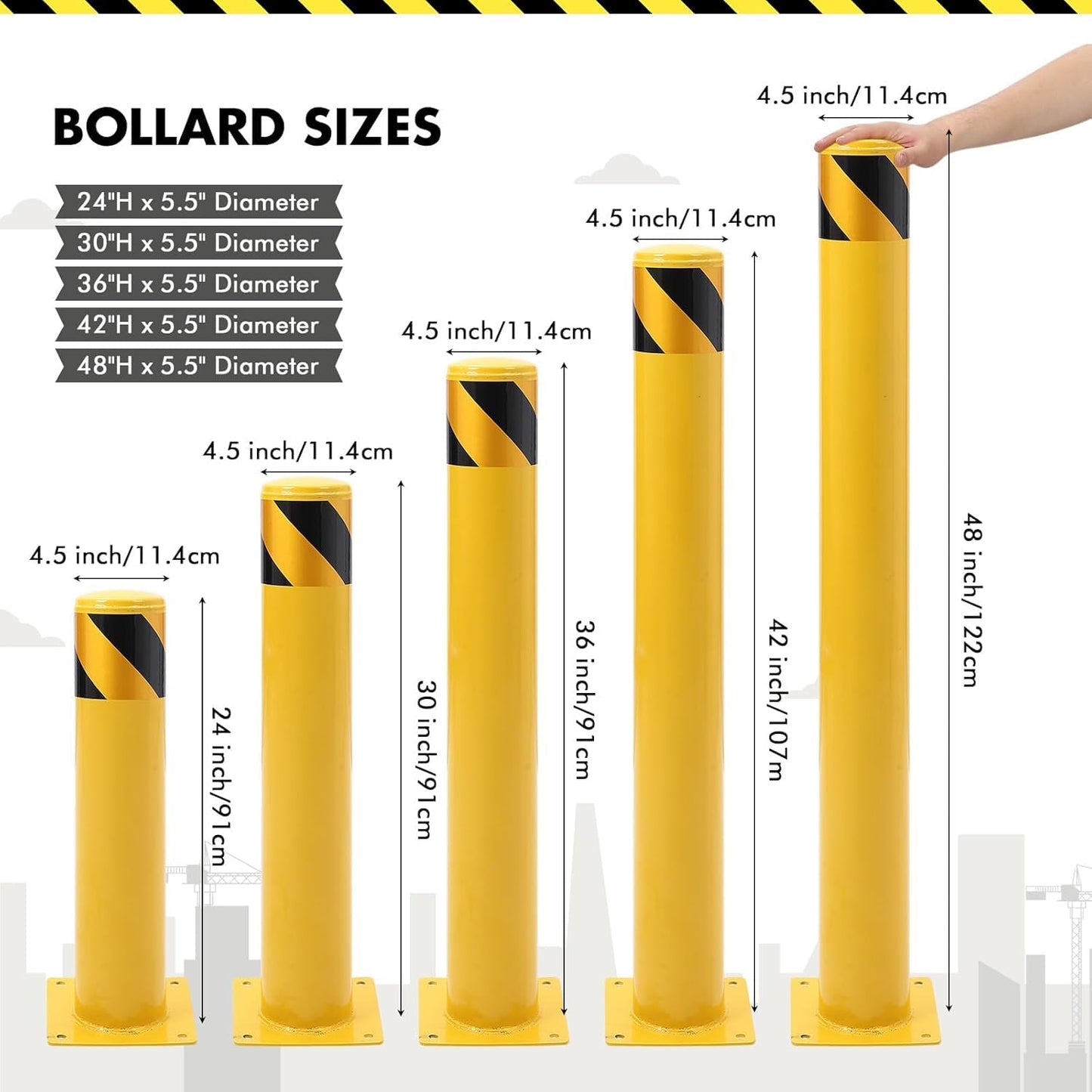6 Pack Safety Bollard Post, 30 Inch Height 4.5 Inch Diameter Yellow Pipe Safety Steel Bollards with Anchor Bolts and Wrench, Steel Bollards for Road Warning Construction Public Place Traffic Control