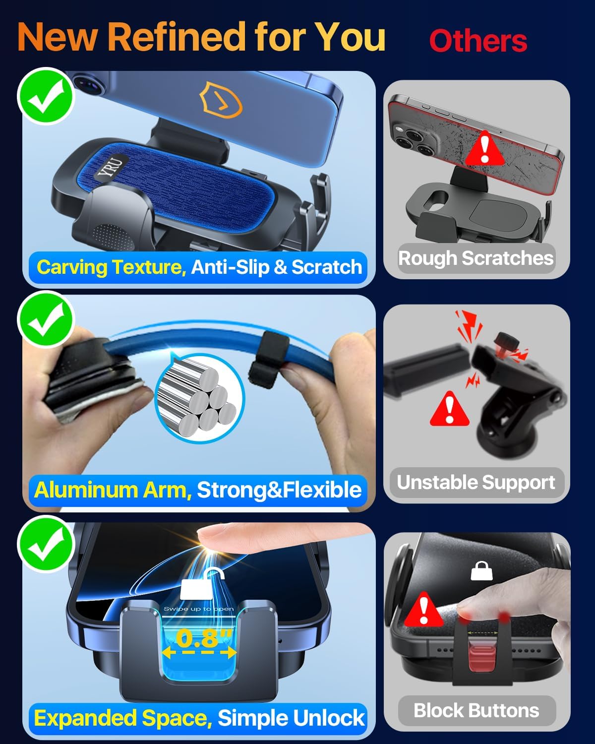 YRU [2025 Ultimate Car Phone Holder Mount [Bendable & Adjustable Aluminum Arm] Cell Phone Holder for Car Dashboard Windshield Phone Stand for iPhone16 15 14 Pro Max Samsung Pickup Truck, Dark Blue