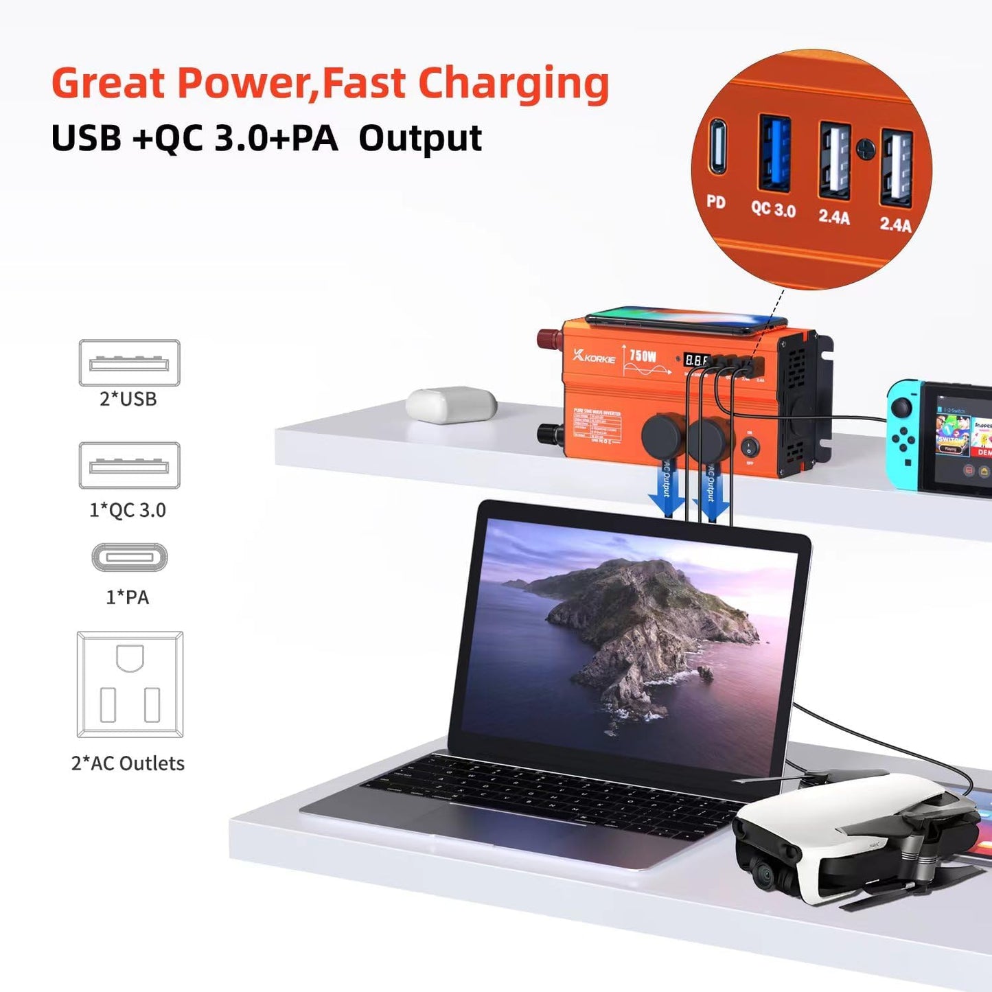 750W Pure Sine Wave Inverter, Car Power Inverter, 12V DC to 110V AC Power Converter, Emergency Power Inverter with Type-C, Dual 5.2V/2.4A USB, 3AC Outlets for Home,Camping, RV, Truck, Vehicles