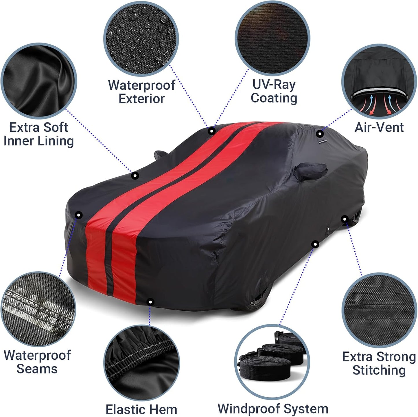 iCarCover Custom Car Cover for Pontiac Sunbird Wagon (1983-1988) Waterproof All-Weather Rain Snow UV Sun Protector Full Exterior Indoor Outdoor Car Cover (Stripe - Black/Red)