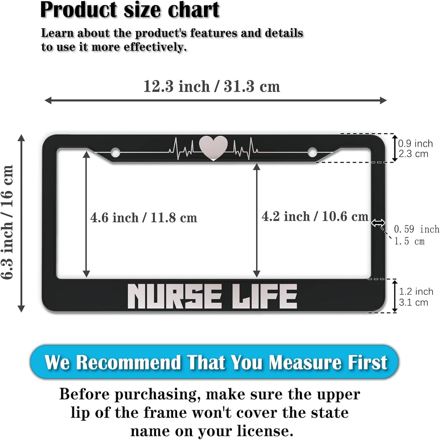 License Plate Protector Black and White License Plate Frames Nurse Life Universal Aluminum Car Accessory 2 Pack with Screw Covers Set