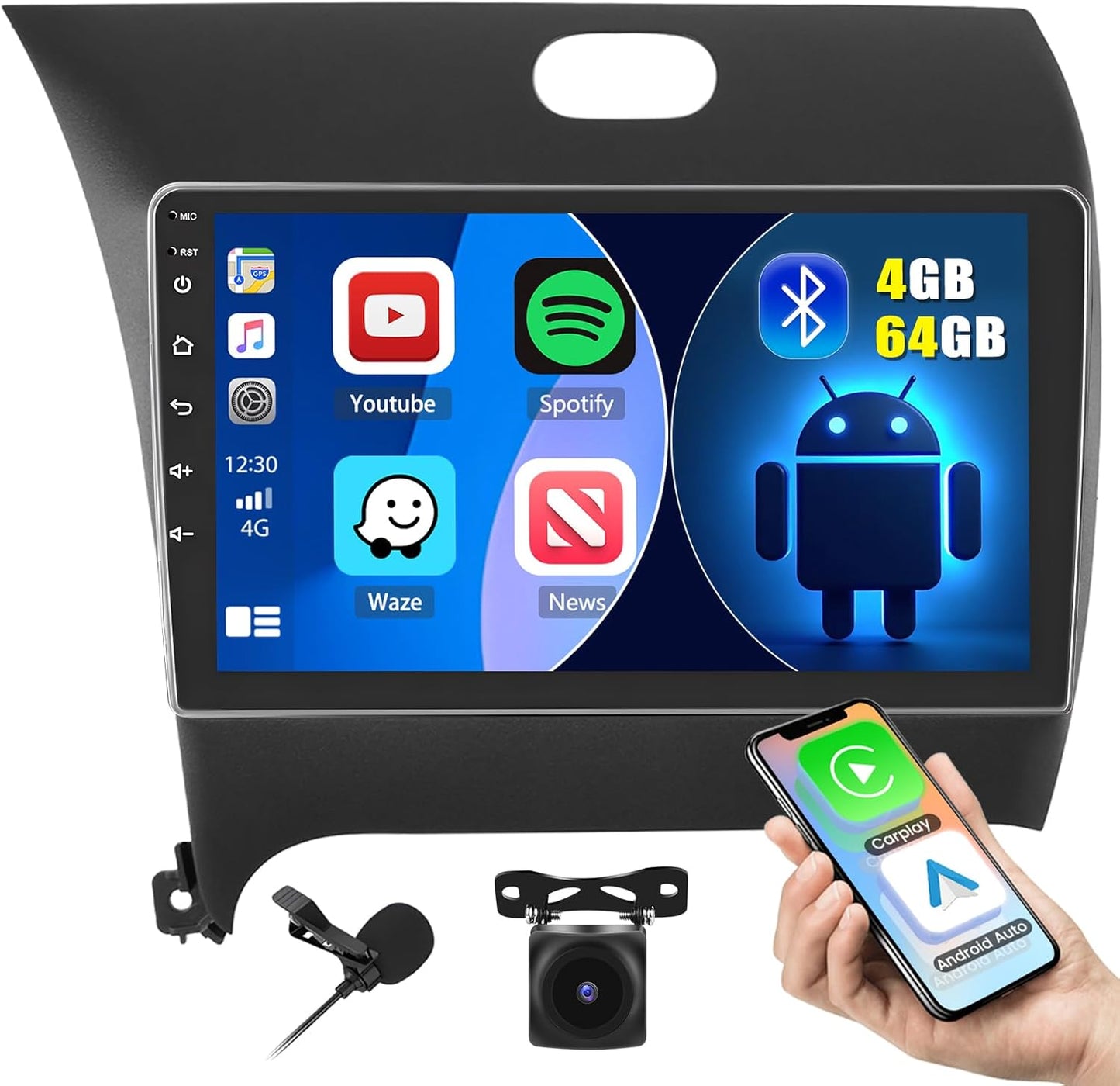 [4G+64G] Android 15 Car Stereo for Kia Cerato K3 Forte 2013-2018 with Wireless Carplay Android Auto, 9 Inch HD Touch Screen with WiFi GPS Bluetooth5.0 FM/RDS Radio 32EQ SWC Backup Camera MIC