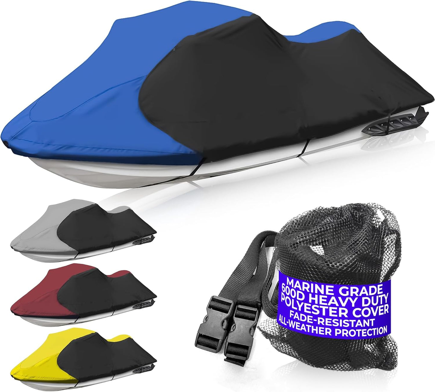 Trailerable Jet Ski Cover, Waterproof Marine Grade 600D Heavy Duty Polyester PWC Cover Blue/Black Color Fits from 116"-125" 2 Seater