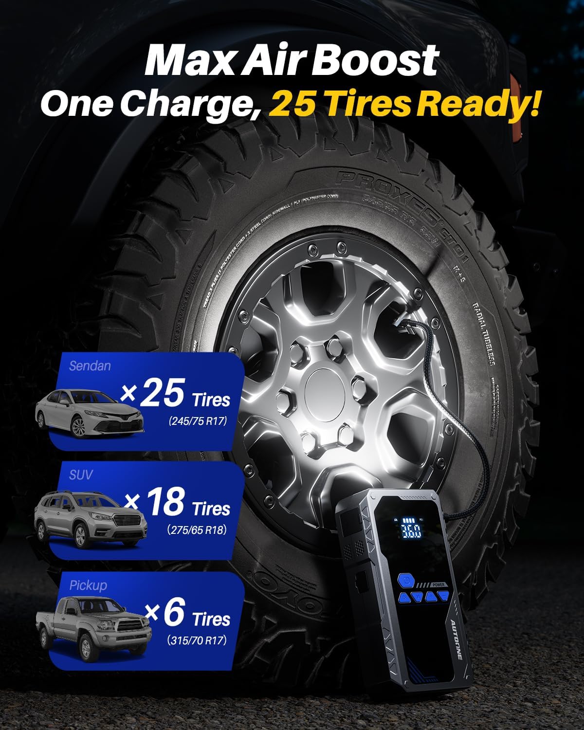 AUTOONE 8000A Jump Starter with Air Compressor (All Gas/12L Diesel), 150PSI Car Jumper Starter Portable, Jump Box Tire Inflator with LED Flashlight, LCD Display, Storage Case