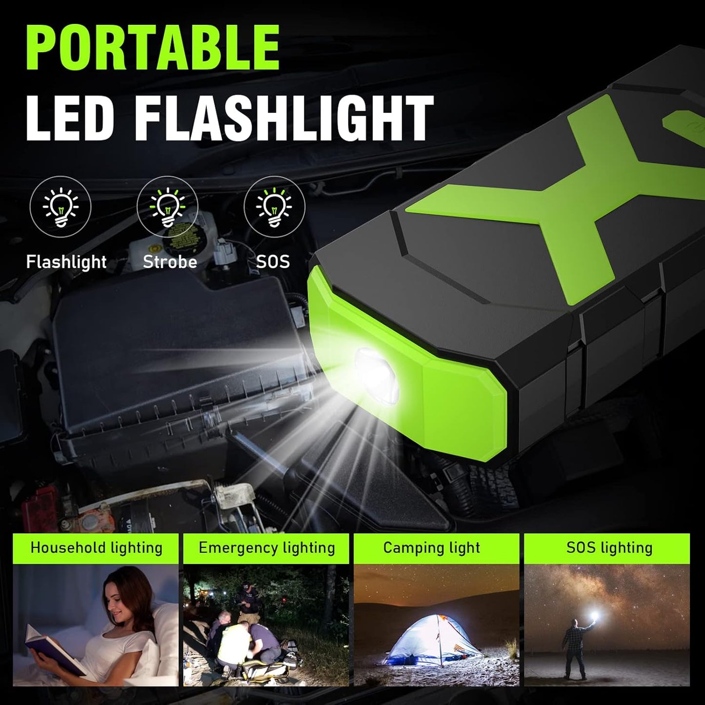 BOOKOO Jump Starter 2000A for Car/Boat/Lawnmower(8.0L Gas/6.5L Diesel Engine) Portable 12V Car Battery Jump Starter with Cables,Wall Charger,USB 3.0 Fast Charging,16V DC Output,3 LED Modes