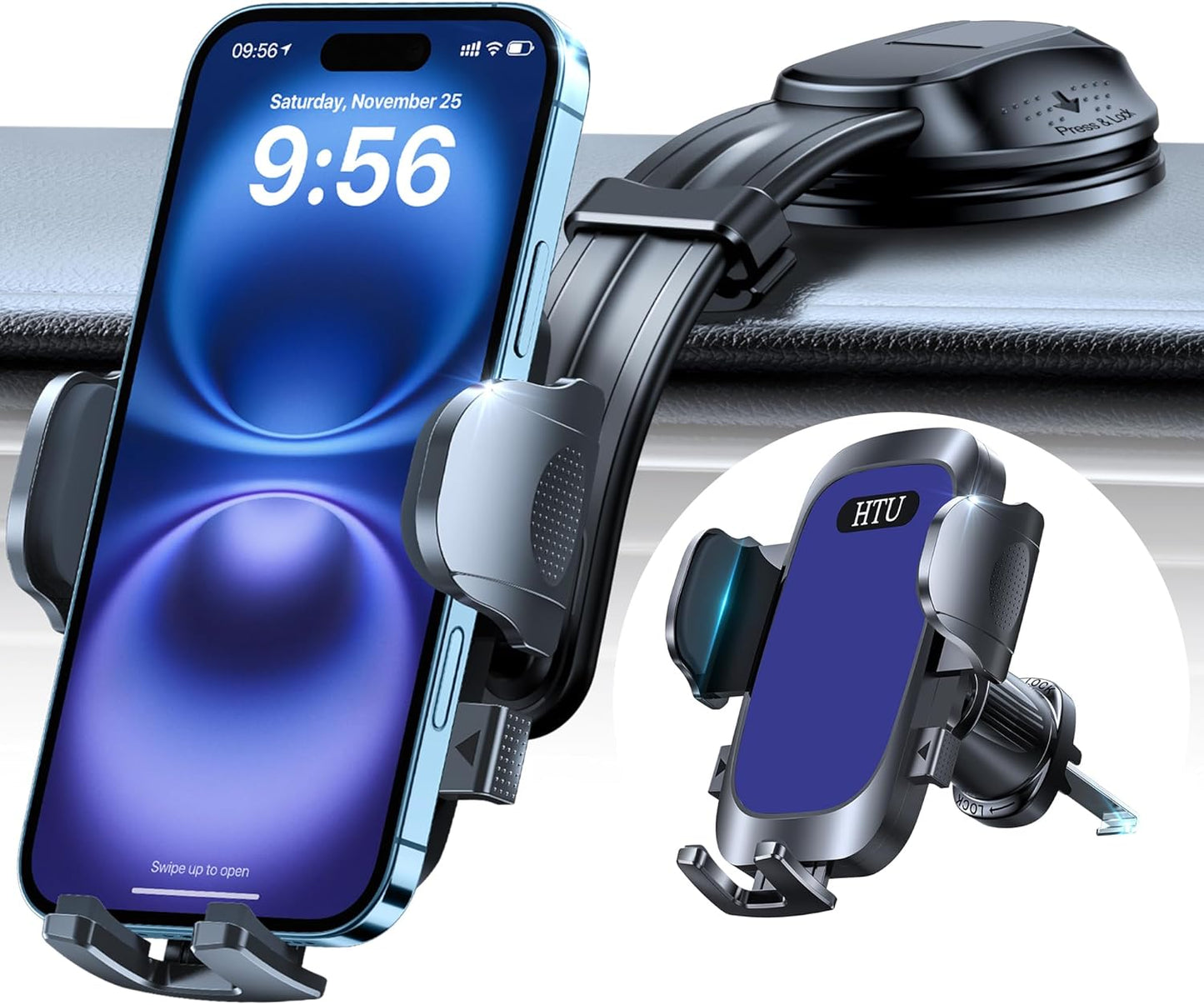 HTU Upgraded Strongest Suction Car Phone Holder Bendable Arm, Never Block View Rotatable Cellphone Mount for Dashboard Windshield Vent, Cradle Stand for iPhone 16 15 14 13 12 Pro Max (Lndigo Blue)
