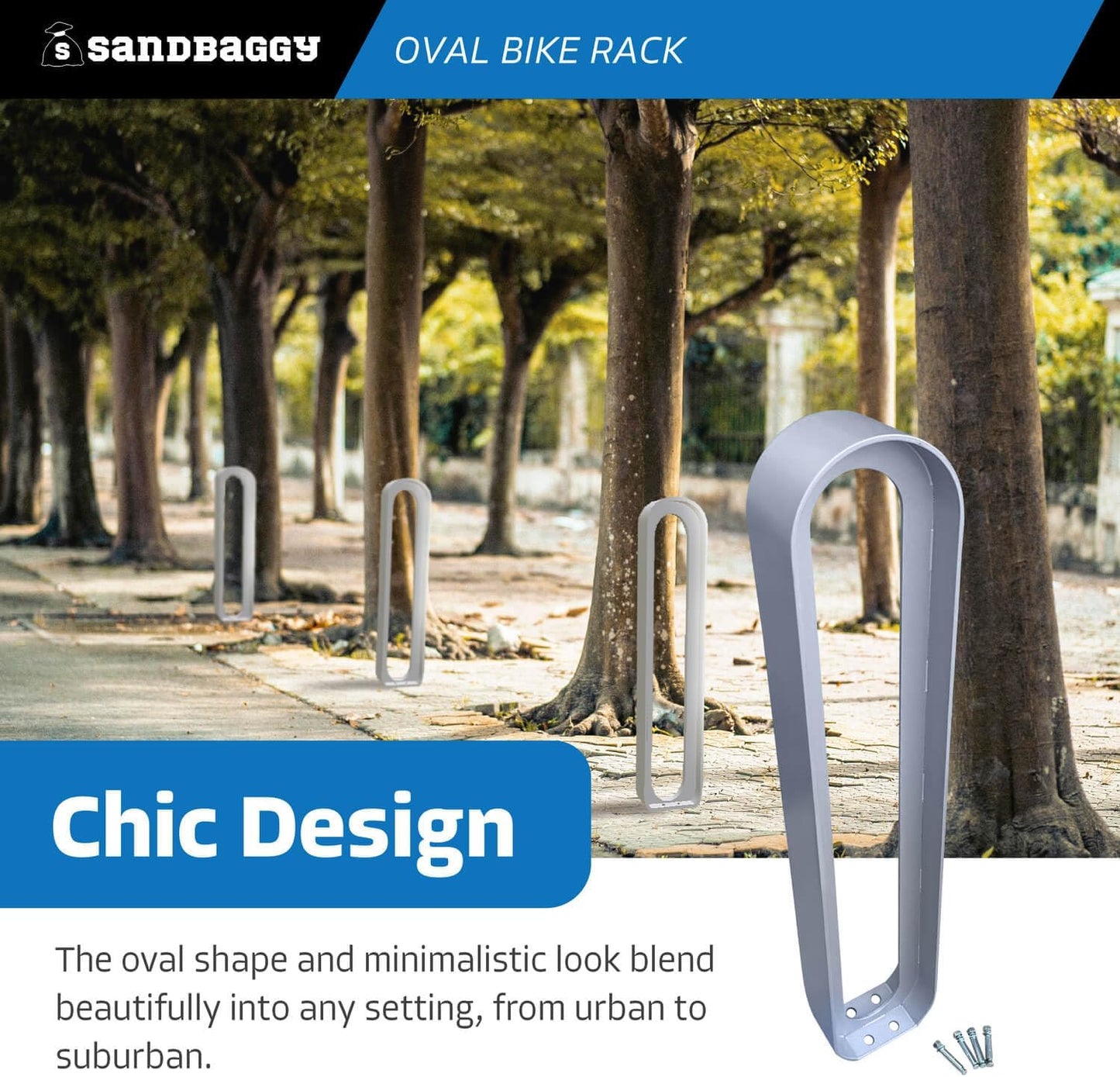 Sandbaggy Modern Commercial Bike Rack | 6.5” x 3” x 35” Oval Design | In-Ground | Anchor Bolts Included (White, 2)