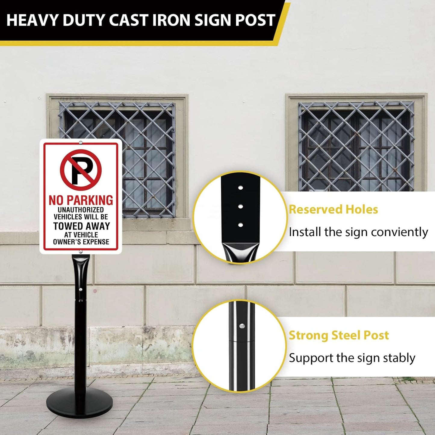 Parking Sign Post with Base - 15 Lbs Heavy Duty Parking Sign Stand for Hanging Traffic Construction Street Warning Notice, Movable Black Cast Iron Base Stand for Outdoor Use, 1 Pack