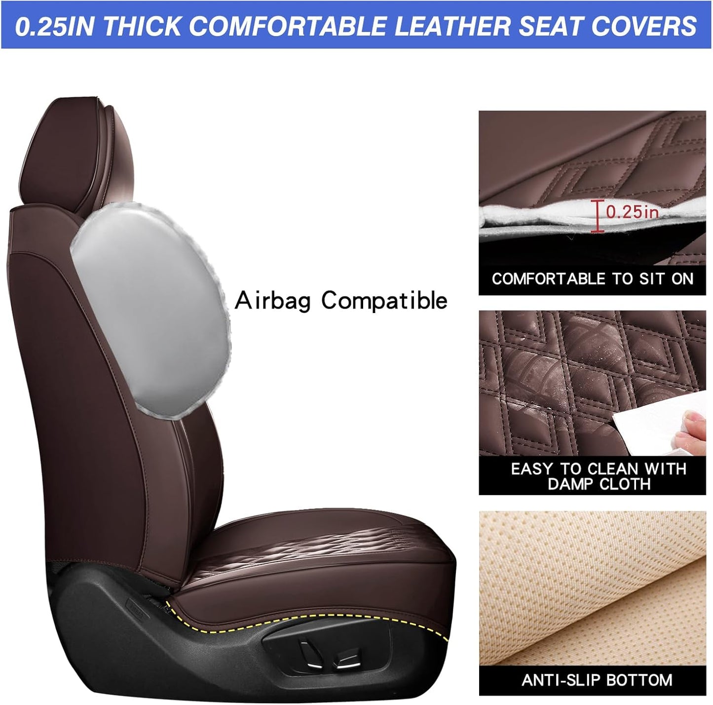 Car Seat Covers Full Set, Leather Seat Covers for Cars, Car Seat Protector Waterproof, Non-Slip Car Interior Covers Fit for Most Cars, SUV, Vans, Trucks,2Seaters,Full Set,Brown