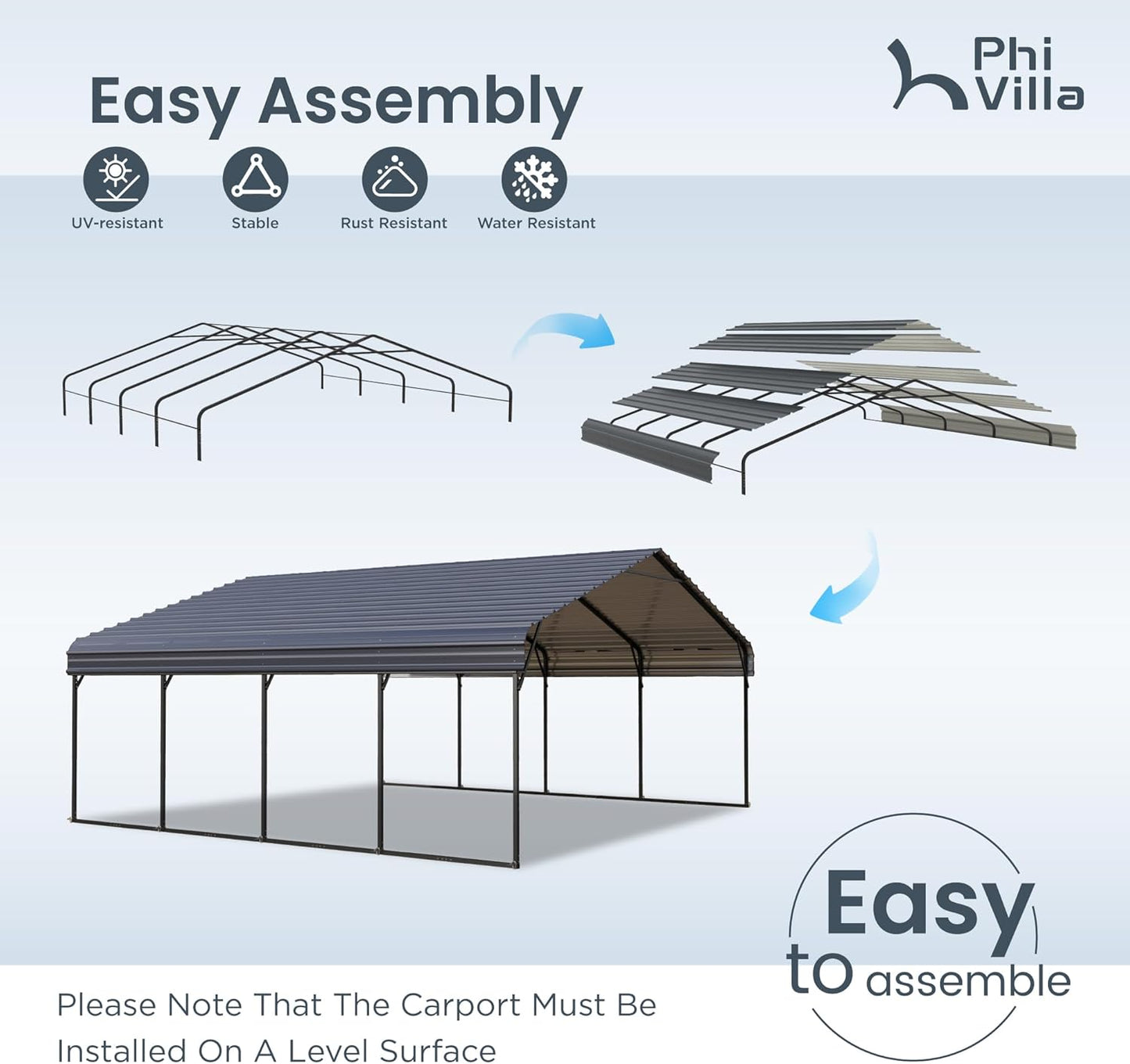 PHI VILLA 2 car Metal Carports 20 x 20 ft Carport with Galvanized Steel Roof, Sturdy Heavy Duty Metal Carport for Cars, Boats, and Tractors