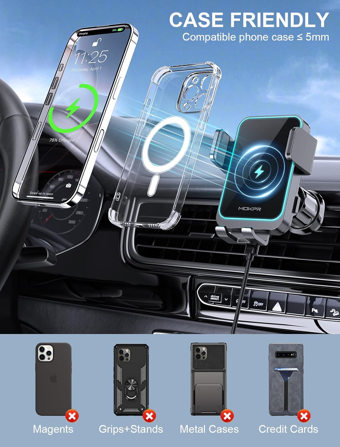 Wireless Car Charger, MOKPR 15W Fast Charging Auto Clamping Air Vent Car Phone Holder with LED Light Car Charger for iPhone 16 15/14/13/12 Pro Max Plus, Samsung S23/S22/S21,etc