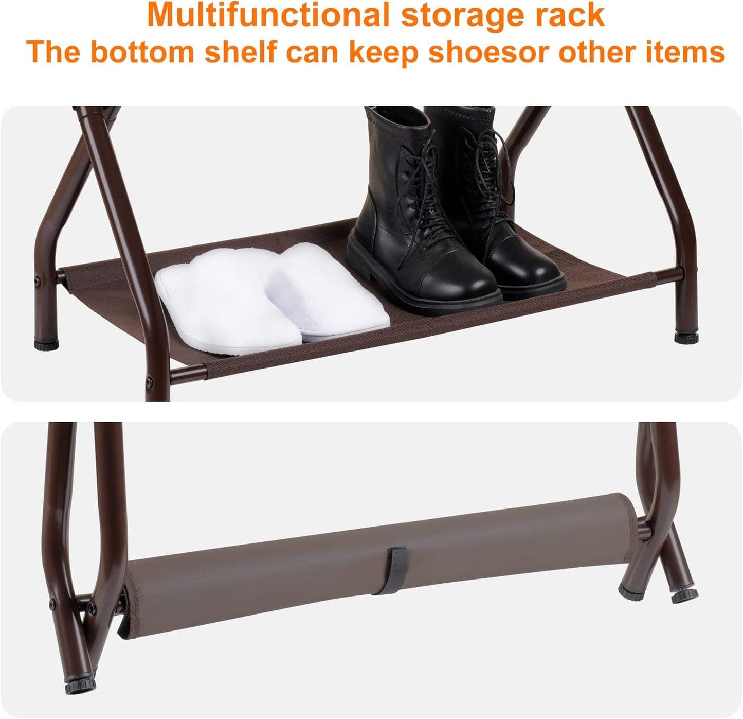 Heybly Luggage Rack, Pack of 2, Steel Folding Suitcase Stand with Storage Shelf for Bedroom, Hotel, Foldable Steel Frame, Guest Room Bedroom Hotel, 26.2" L x 14.4" W x 20.5" H, Brown HLR004Z2