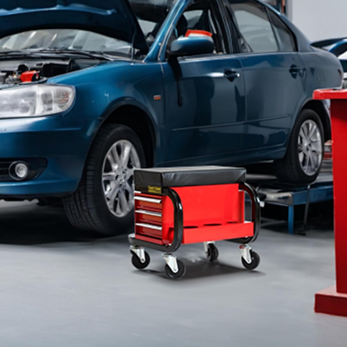 Tool Box Built-in Creeper Seat, Garage Shop Roller Seat, 3 Drawers Heavy Duty Tool Chest with 4 Rolling Casters-350 Lbs Capacity