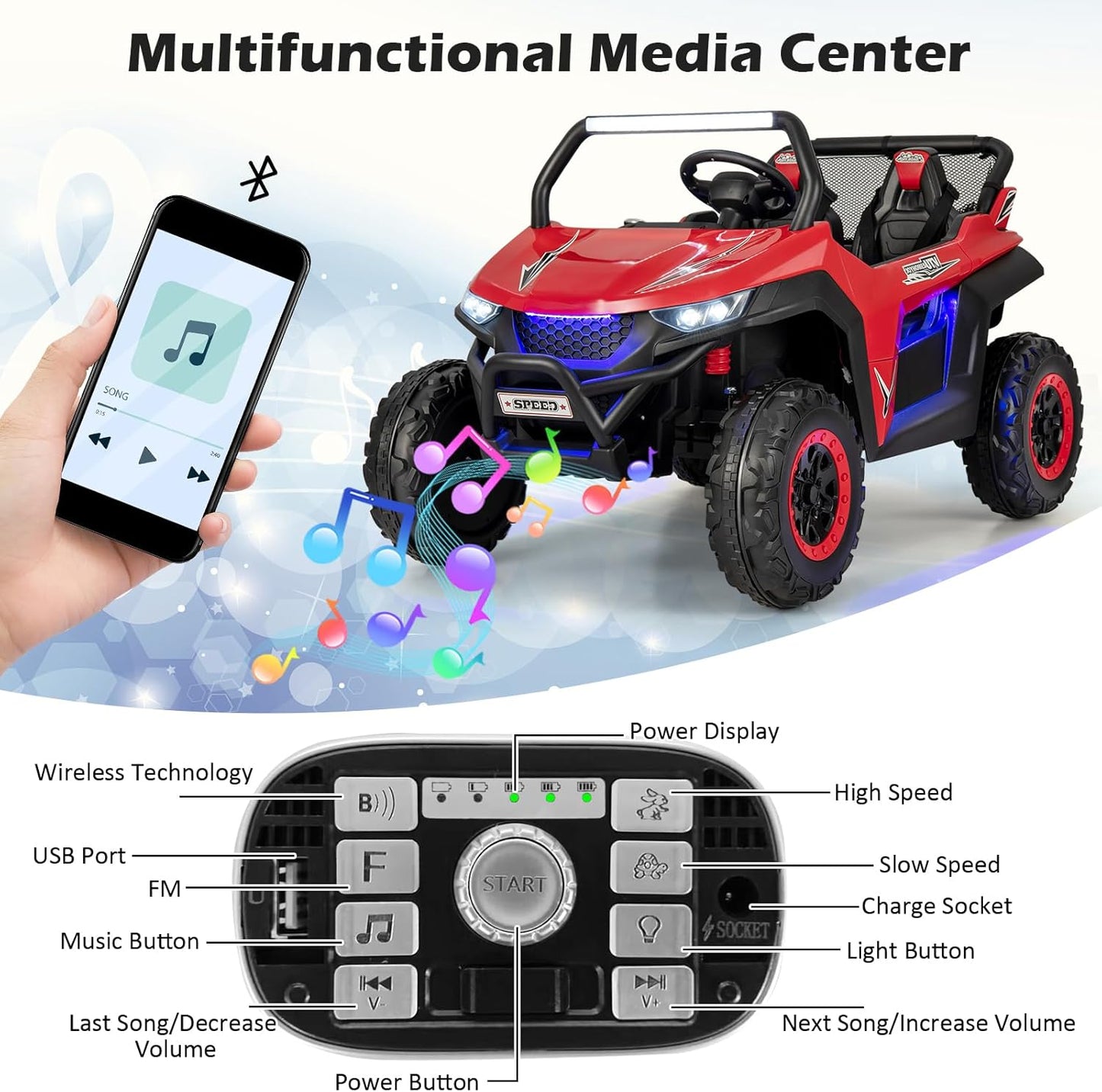 Costzon 2-Seater Ride on Car for Kids, 12V Kids' Electric Vehicles w/Remote Control, 4 Shock Absorbers, Wireless Music & FM, 3 Speeds, Ambiance Lights, Electric Car UTV for Boys Girls (Red)