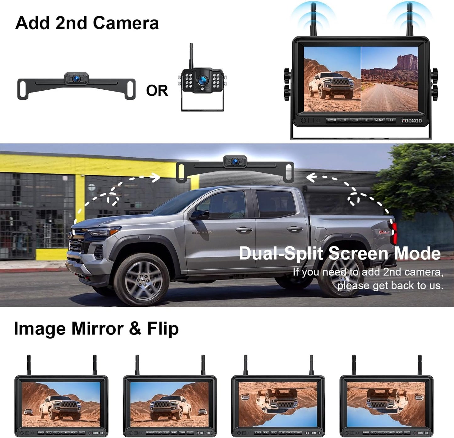 Fookoo HD 1080P 7-inch Wireless Backup Camera, 7" Split Screen Monitor + Rear View Licence Plate Camera, DIY Guide Lines Wide Angle IP69 Waterproof Easy to Install for Car Pickup Van SUV - DW7CT