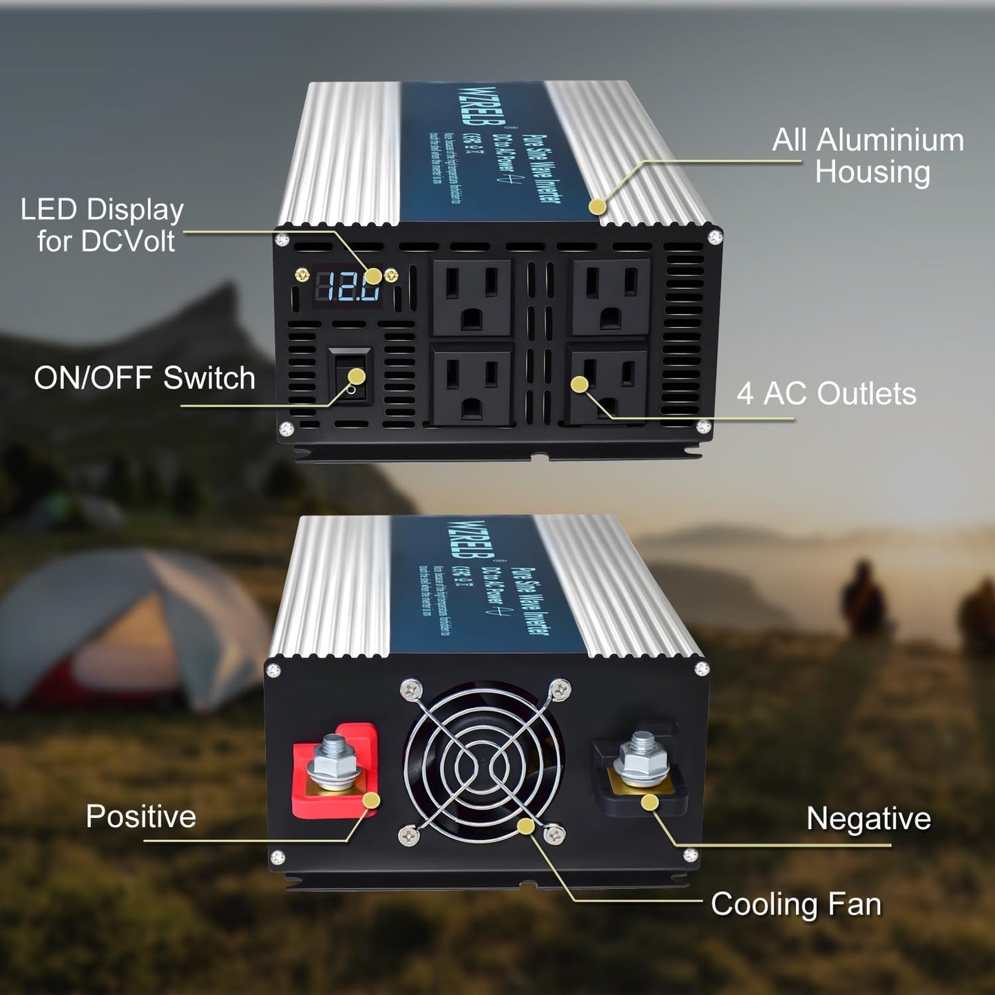 WZRELB 1800W Pure Sine Wave Inverter 36V DC to 110V 120V AC,Car Power Inverter with 4 AC Outlets, LED Display,Off-Grid Portable Power Converter for Home, RV, Truck, Camping