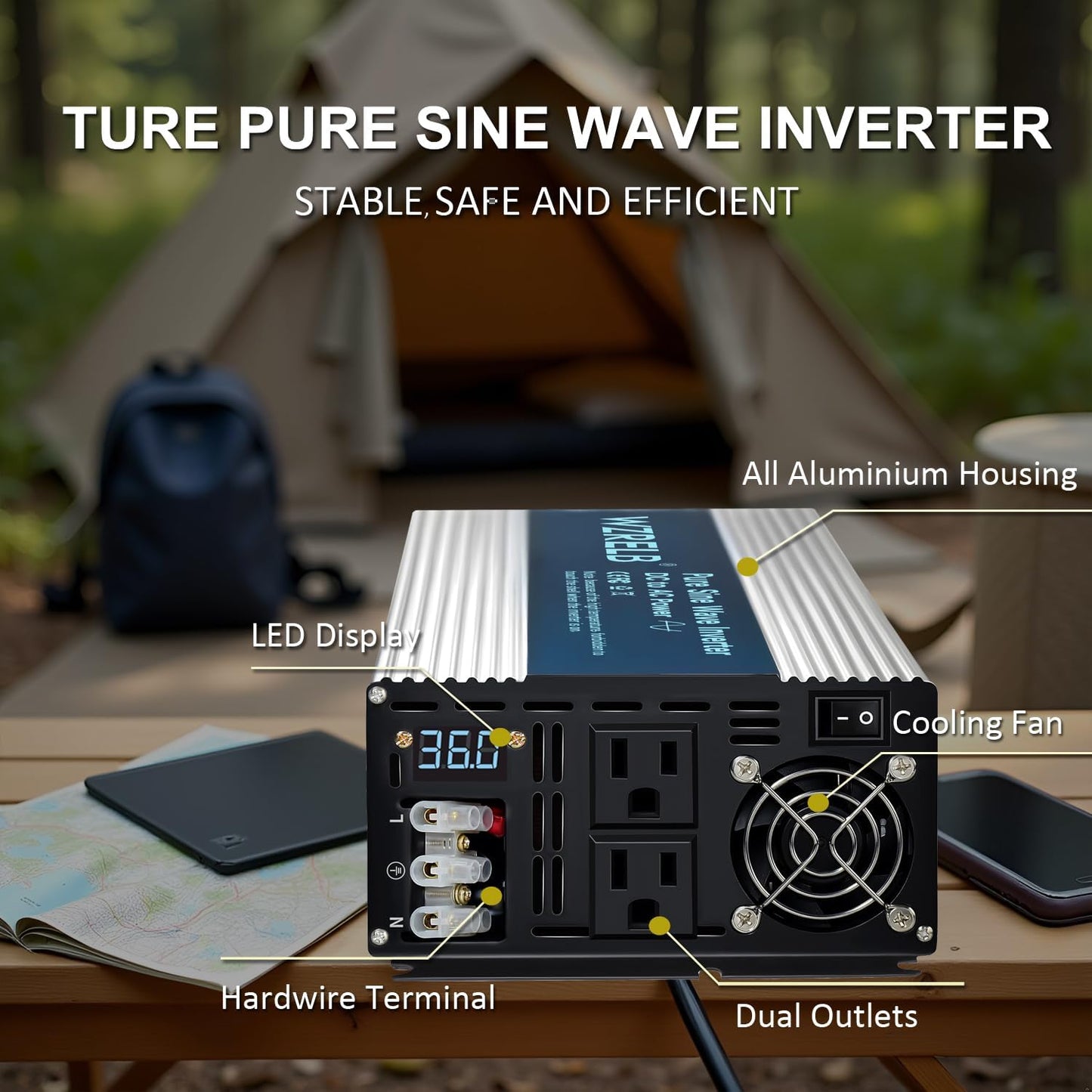 WZRELB 4000W Pure Sine Wave Inverter, Car Power Inverter 36V DC to 110V 120V AC Converter for RV, Truck, Solar, Outdoor with Dual AC Outlets, Hardwire Port, Surge 8000W, LED Display,Off-Grid