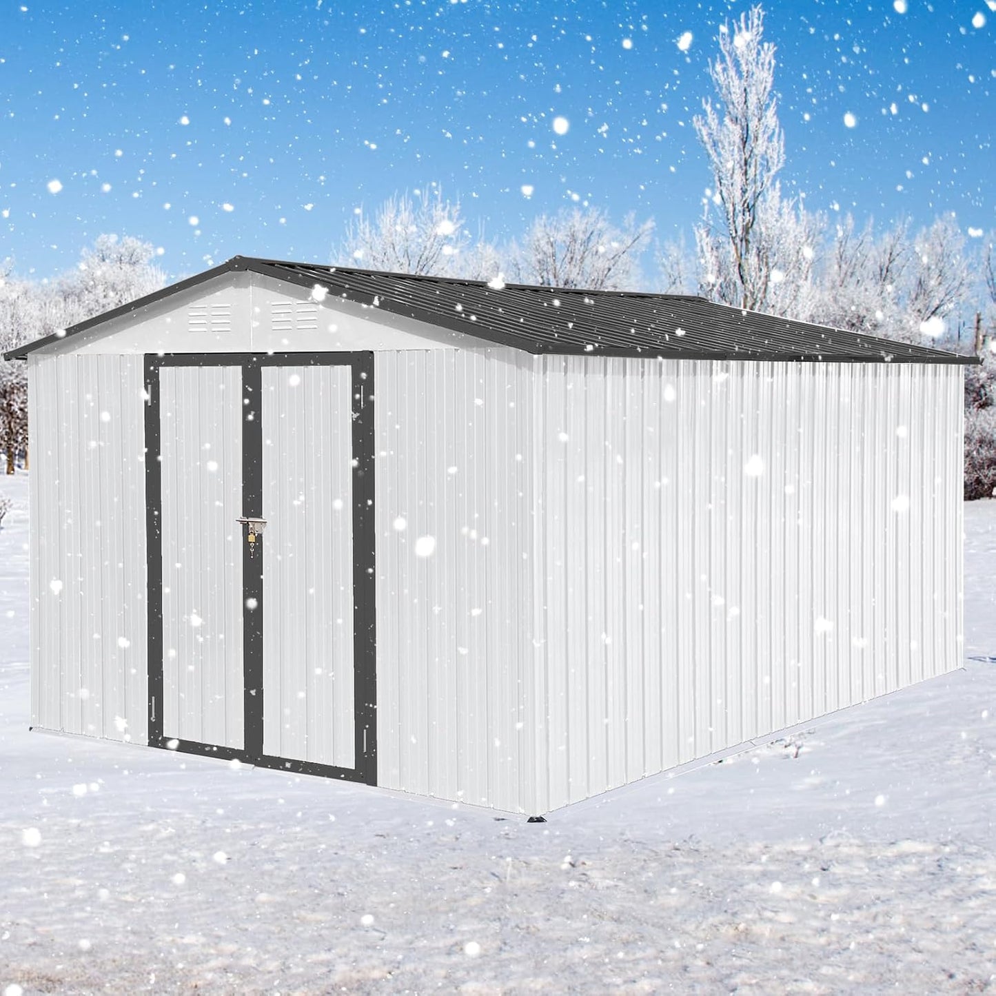 12 x 10 FT Metal Garden Shed, Outdoor Storage Shed with Heavy-Duty Steel Construction, Built-in Punched Vents & Hinged Door, Free Padlock for Secure Backyard, Patio & Garage Storage, White + Grey