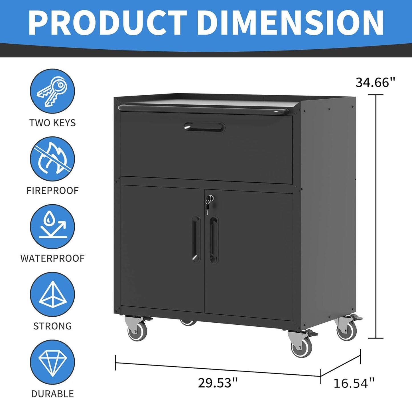 Metal Storage Cabinet with Wheels, Lockable Garage Cabinet with 2 Doors and 1 Drawer, Rolling Tool Storage, Assembly Required, Black