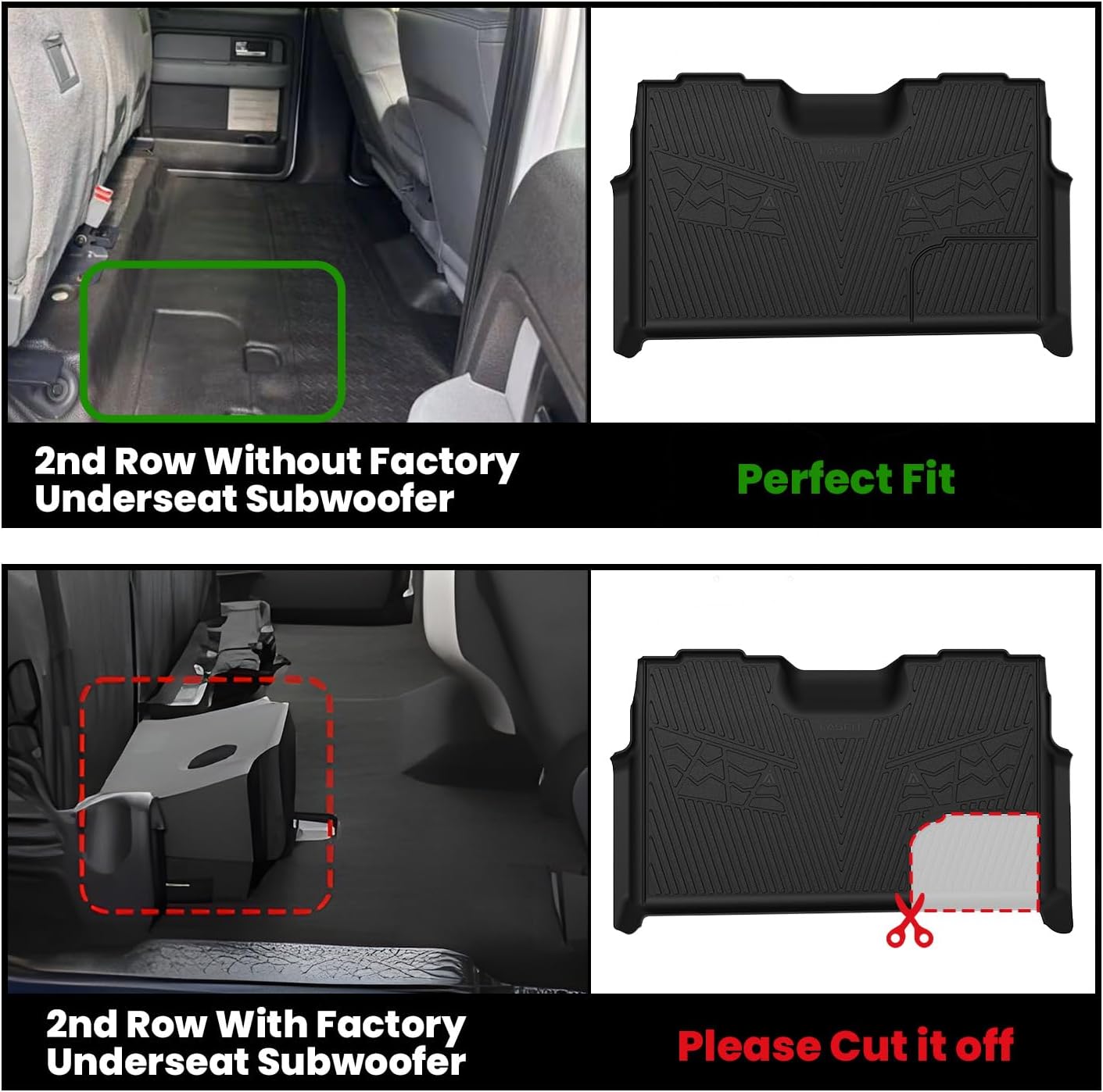 LASFIT Floor Mats for Ford F-150 2011-2014 SuperCrew Carpet Floor Front Row w/Flow-Through Console All Weather Protector TPE Truck Liners, 1st & 2nd Row, 3pcs Black