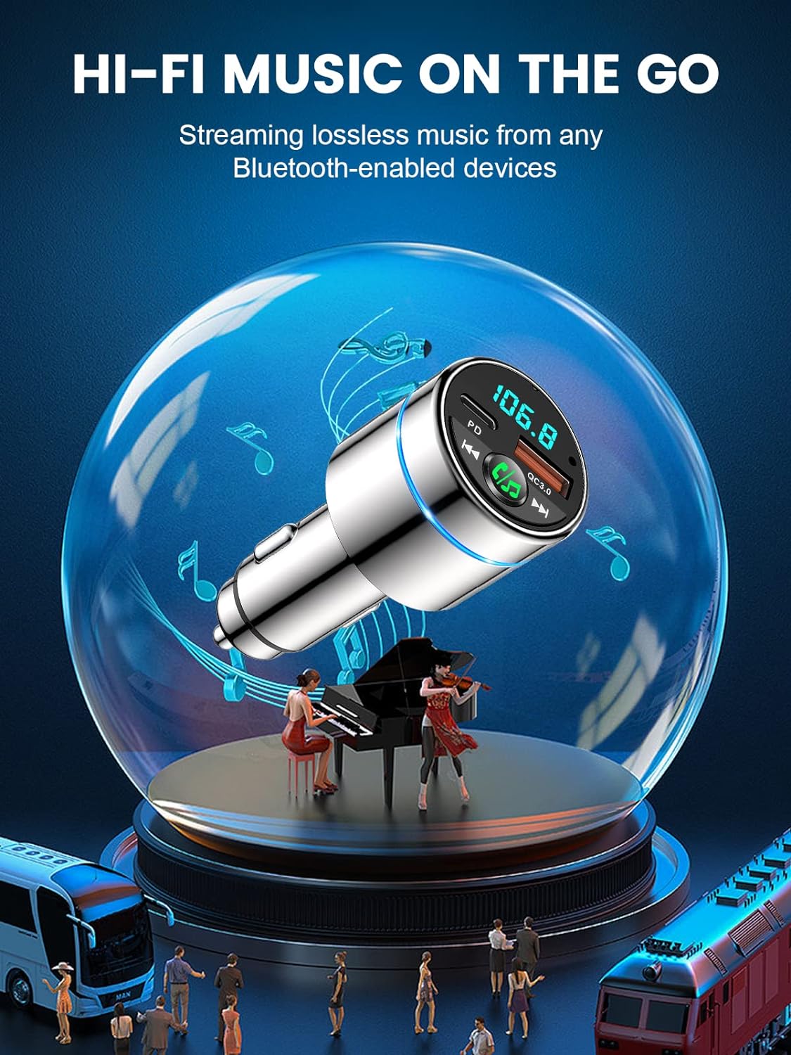 FM Transmitter for Bluetooth 5.3, [All-Metal] PD 30W & QC3.0 18W Fast Car Charger, Wireless FM Radio Kit Bluetooth Car Adapter, Noise Cancelling Hands-Free Call, Blue Light - Silver