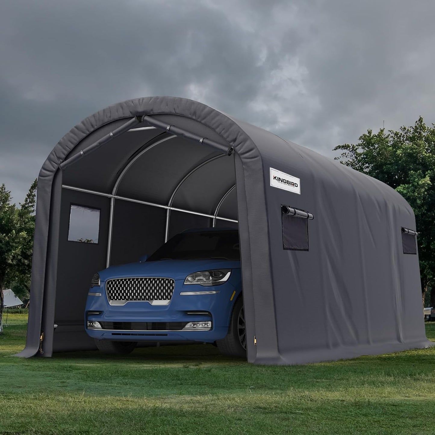 KING BIRD 10' x 20' Heavy Duty Carport with Roll-up Ventilated Windows Round Style Outdoor Instant Garage Anti-Snow Car Canopy with Reinforced Ground Bars