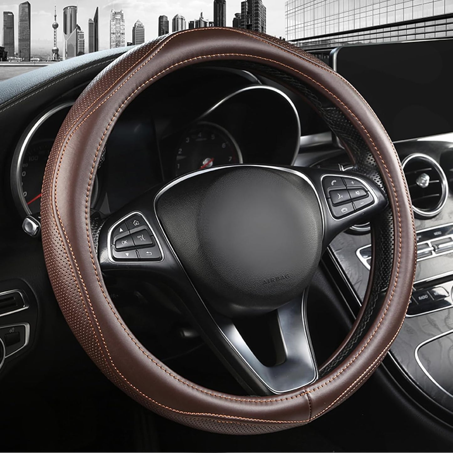 High-Grade Brown Genuine Leather Steering Wheel Cover for Men Women，Real Cowhide Leather Steering Wheel Cover for Cars,Universal 14.5-15 inch Steering Wheels
