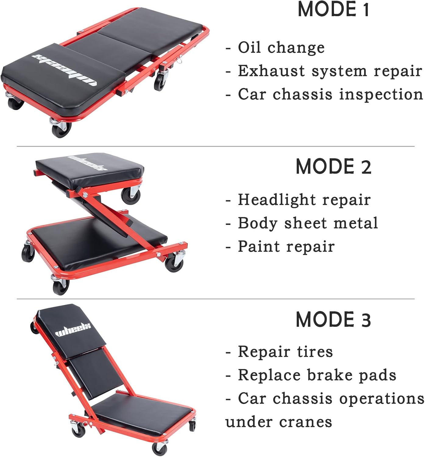 Mechanic Creeper 36 inches 3-in-1 Mode Z Seat 340lbs Capacity, Foldable Garage Adjustable Rolling Folding with 6pcs Wheels Roller, Lay Down Sit Lean Back, Under Car Auto Repair, Red Black