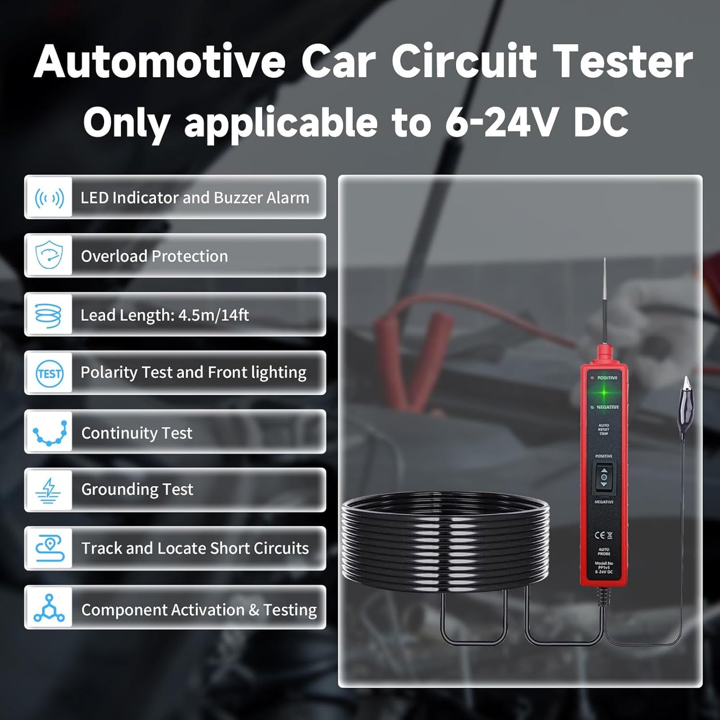 Automotive Car Circuit Tester 12V 24V DC Power Probe Tester with Overload Protection 12V Short Circuit Finder with Test Light for Continuity Testing Grounding Checking